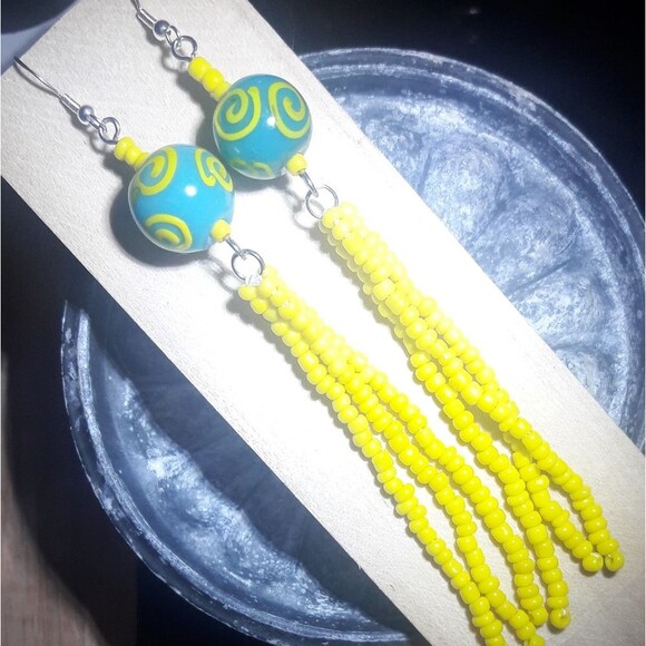 Artisan Earrings  051L# Teal Yellow glass long fringe bead earrings shoulder dus - Picture 1 of 3